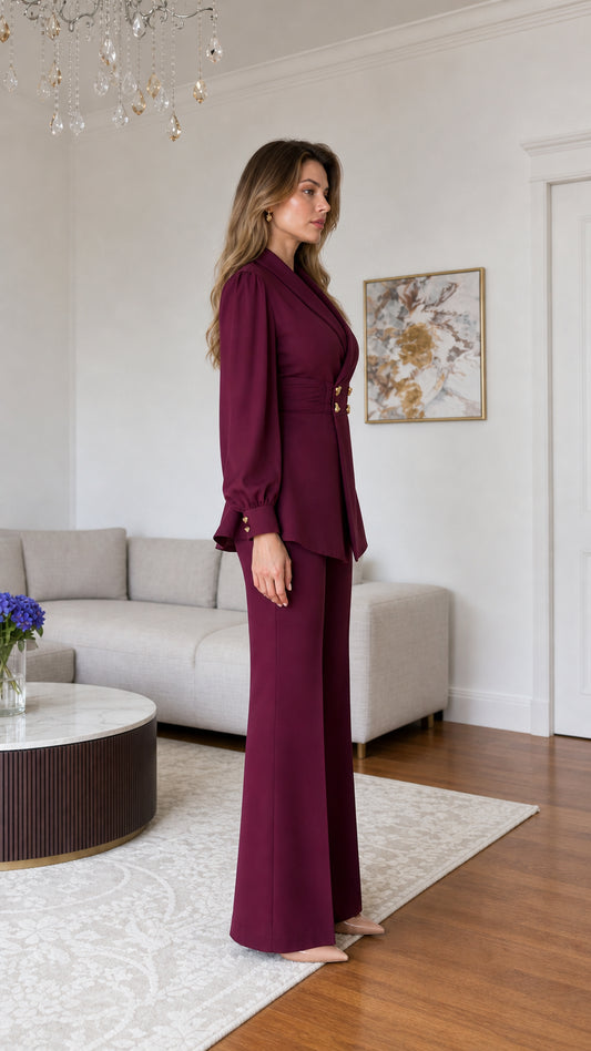 Side profile view of burgundy 2-piece blazer and high-waisted flare trouser set