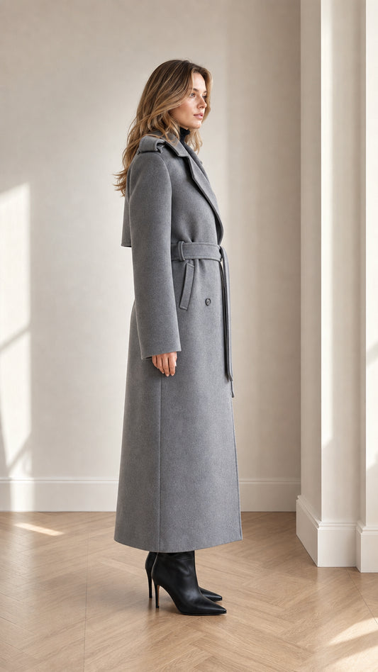 Side profile view of woman wearing tailored grey maxi trench overcoat