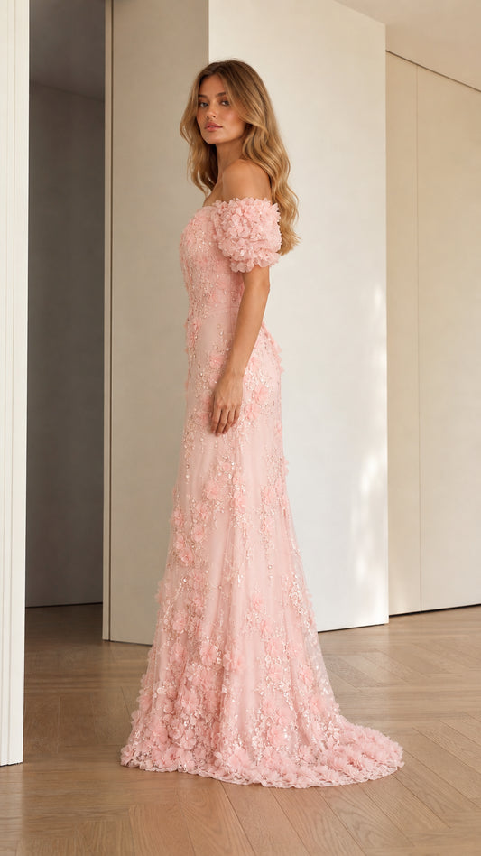 Side profile view of blush pink 3D floral sequin floor-length formal gown