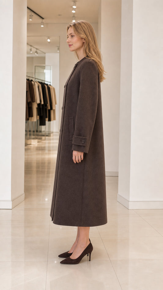 Side profile view of woman modeling espresso brown longline overcoat