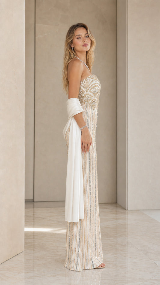 Champagne beaded formal column dress - side view