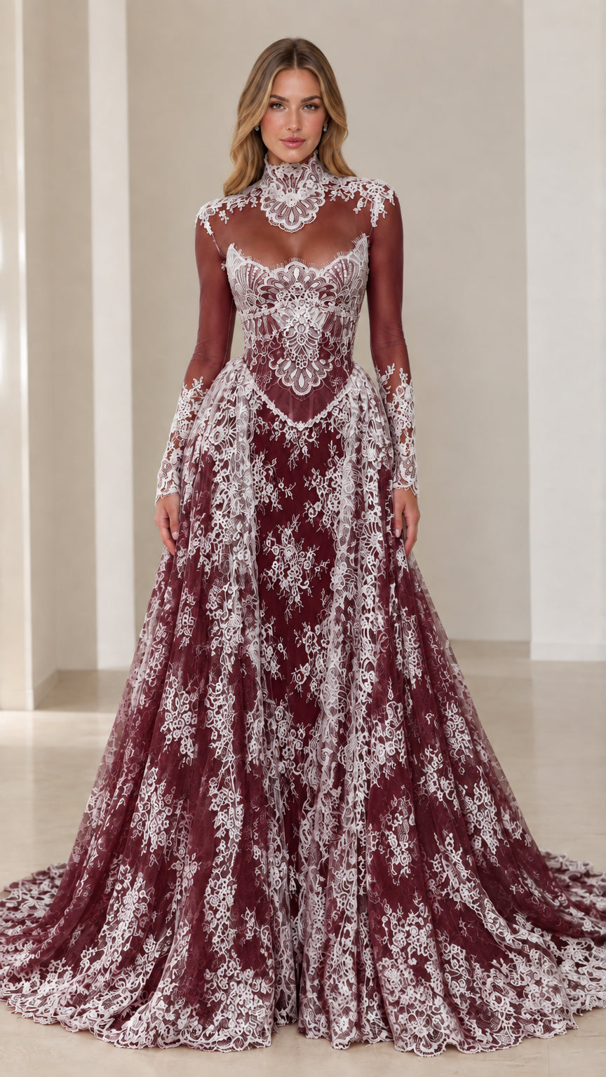 Model wearing the Burgundy red lace corset formal gown with illusion sleeves