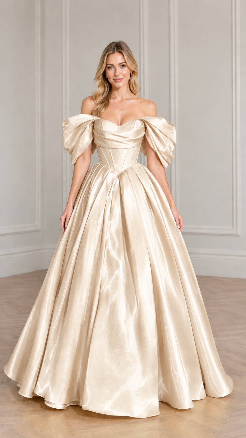 Model wearing champagne ivory off-the-shoulder satin ball gown