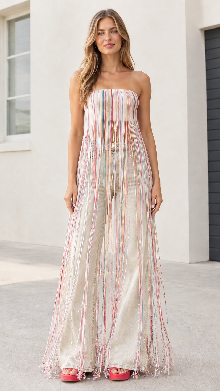 Model wearing multicolor cream striped maxi fringe strapless tube top with off-white jeans