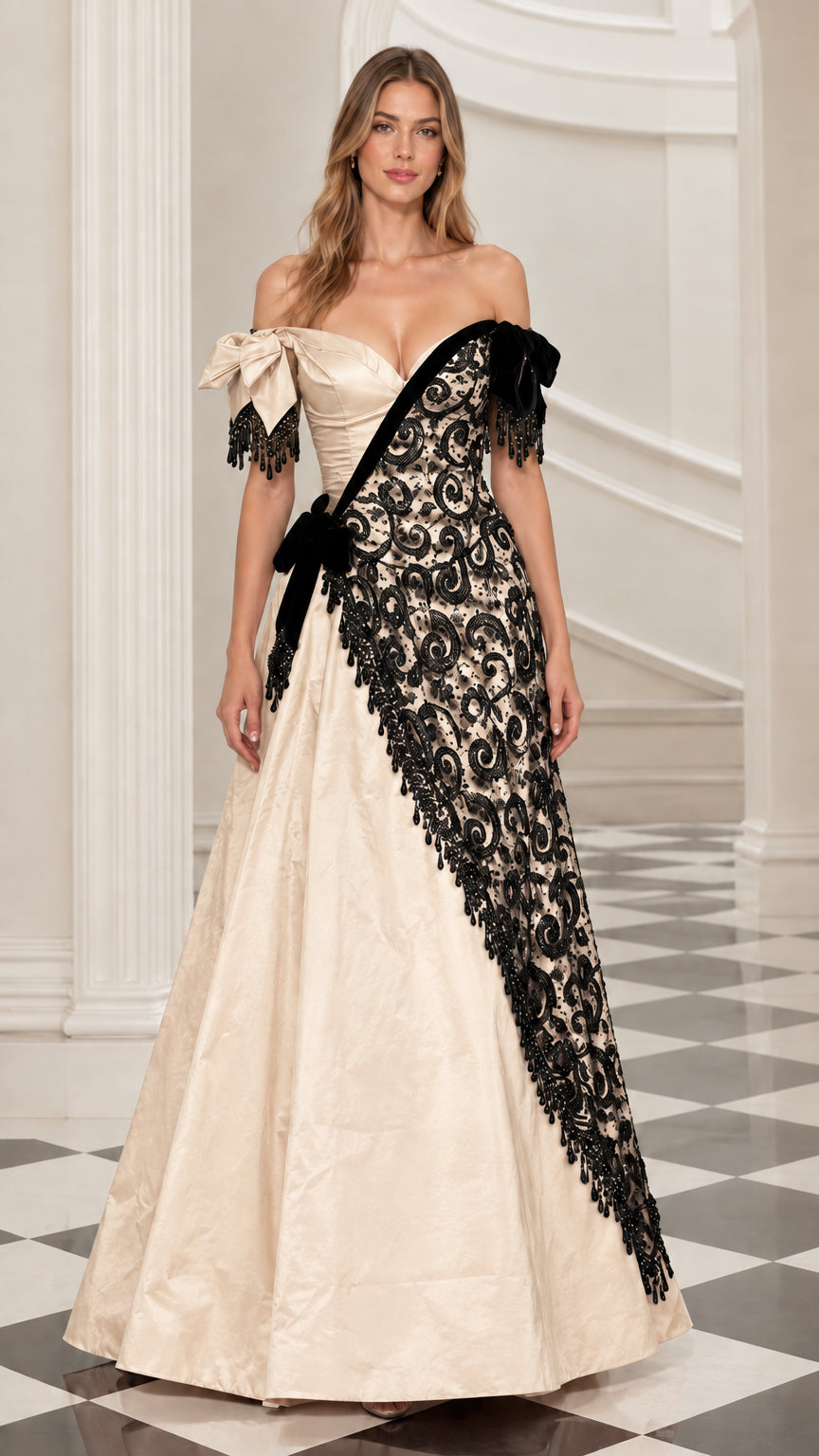 Front view of champagne off-the-shoulder evening dress with contrast black lace