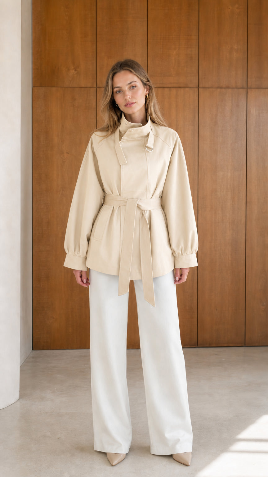 Model wearing beige cream high neck belted short trench jacket