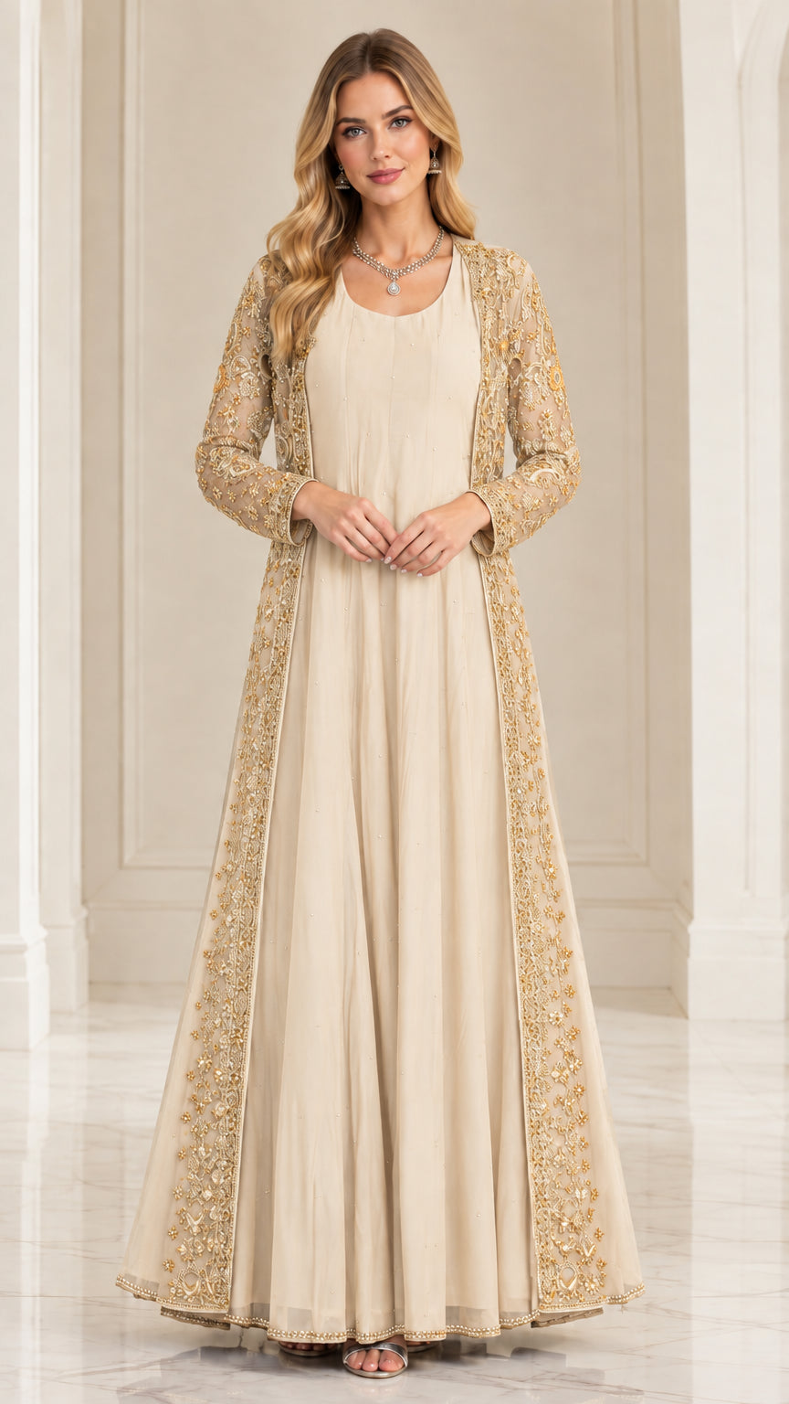 Champagne cream floor length gown with matching gold embroidered sheer jacket