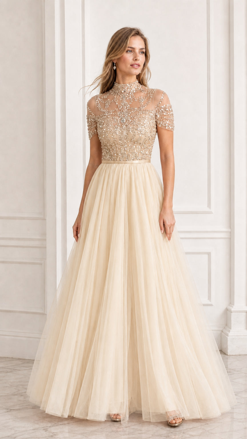 Champagne cream beaded bodice tulle evening gown