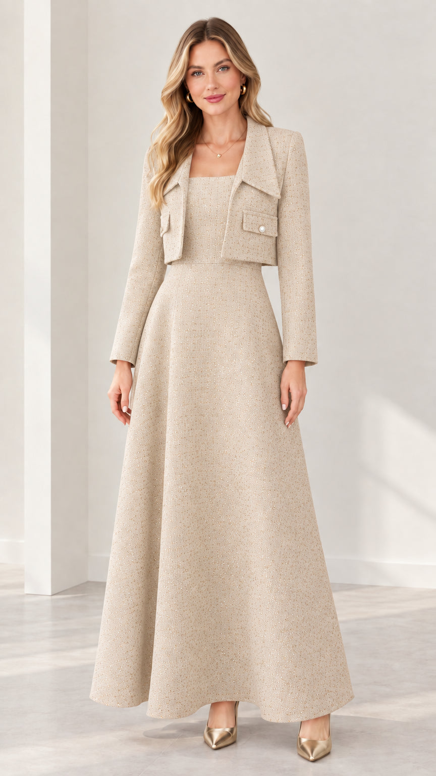 Beige tweed two-piece maxi dress and cropped jacket suit