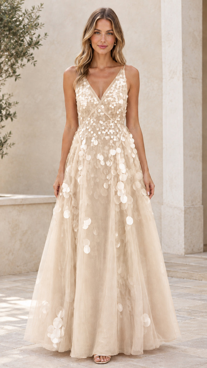 Champagne beige tulle evening maxi dress with shimmering petal detail