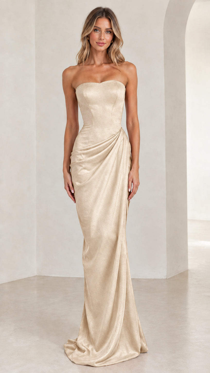 Model wearing shimmering champagne gold strapless draped maxi dress