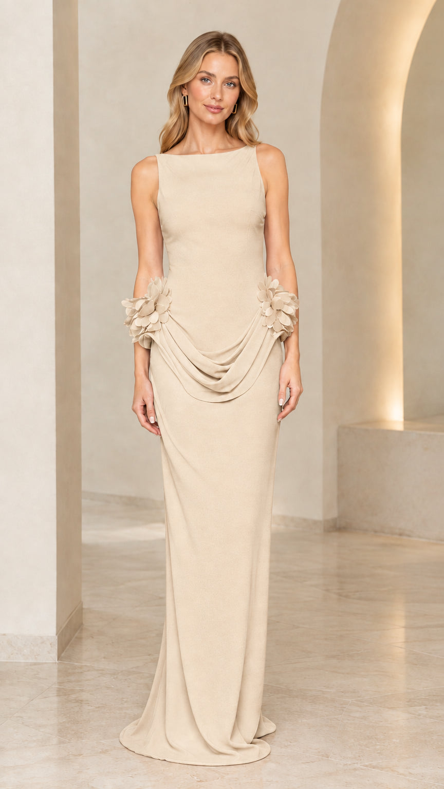 Champagne beige boat neck backless evening gown