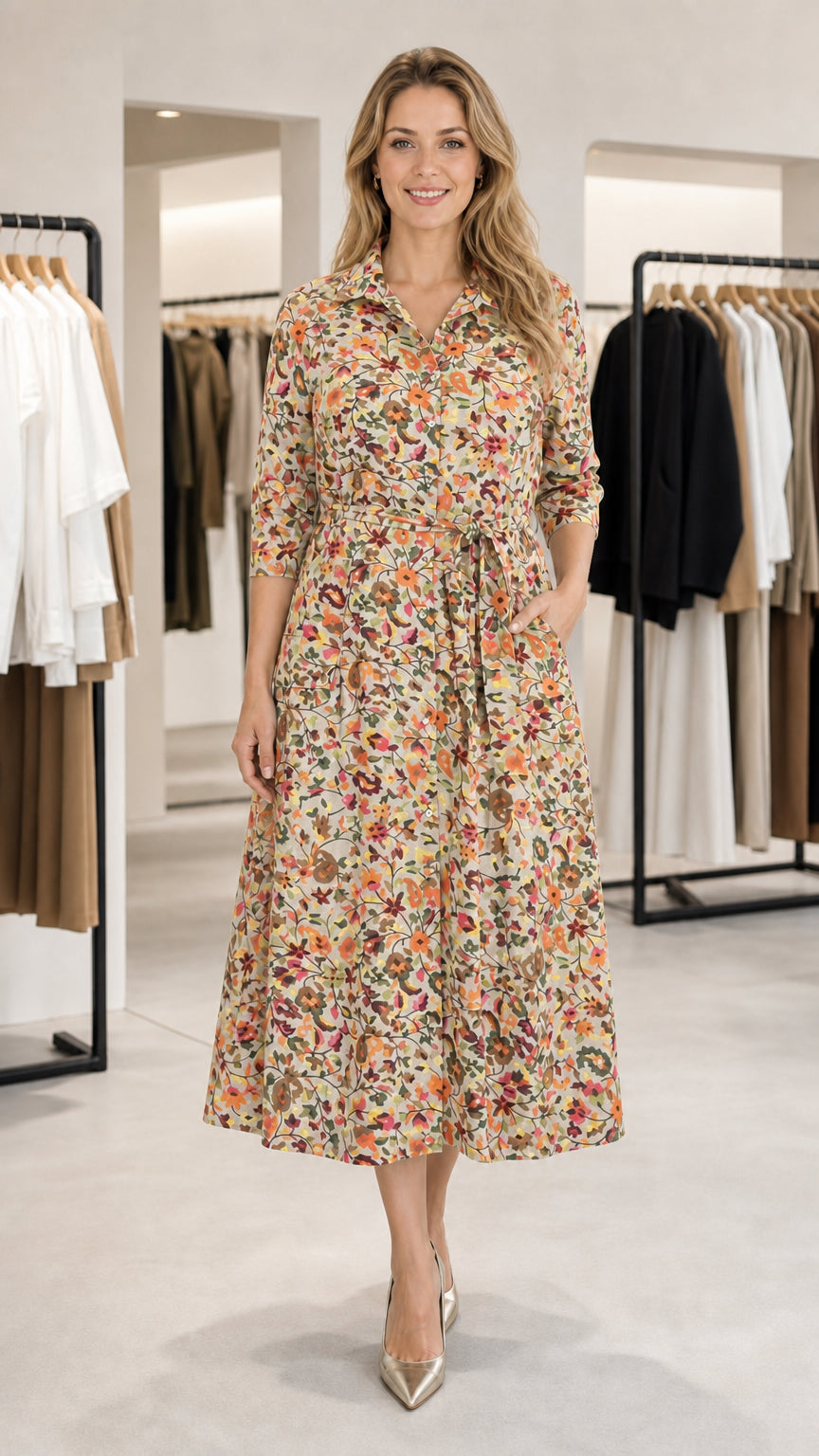 Front view of model wearing Cream Floral 3/4 sleeve midi shirt dress