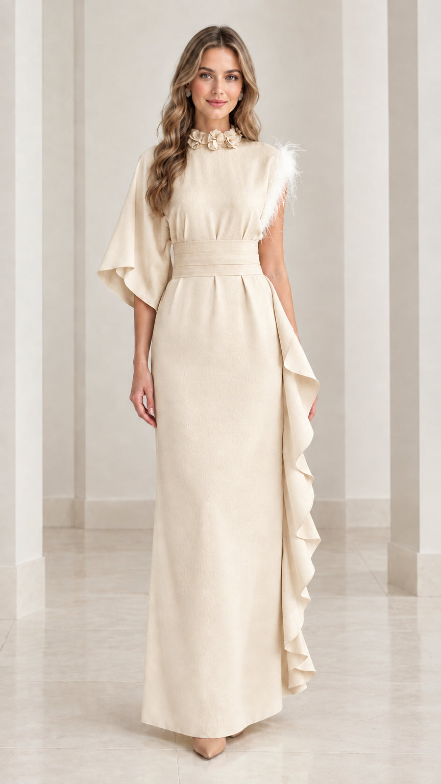 Champagne beige one-sleeve formal maxi dress with floral high neck