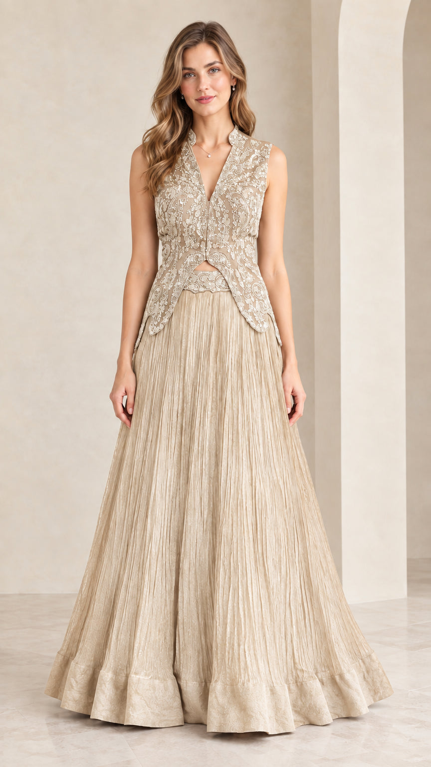Front view of woman wearing champagne gold embroidered sleeveless maxi gown set