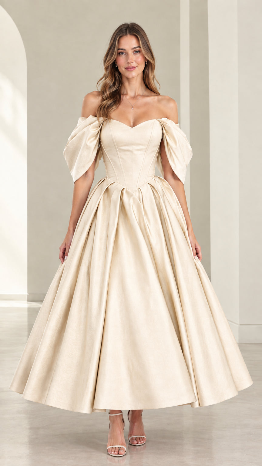 Front view of model wearing Champagne cream off-the-shoulder evening gown