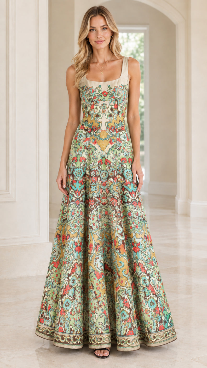 Front view of woman wearing light sage green tapestry print sleeveless maxi evening dress