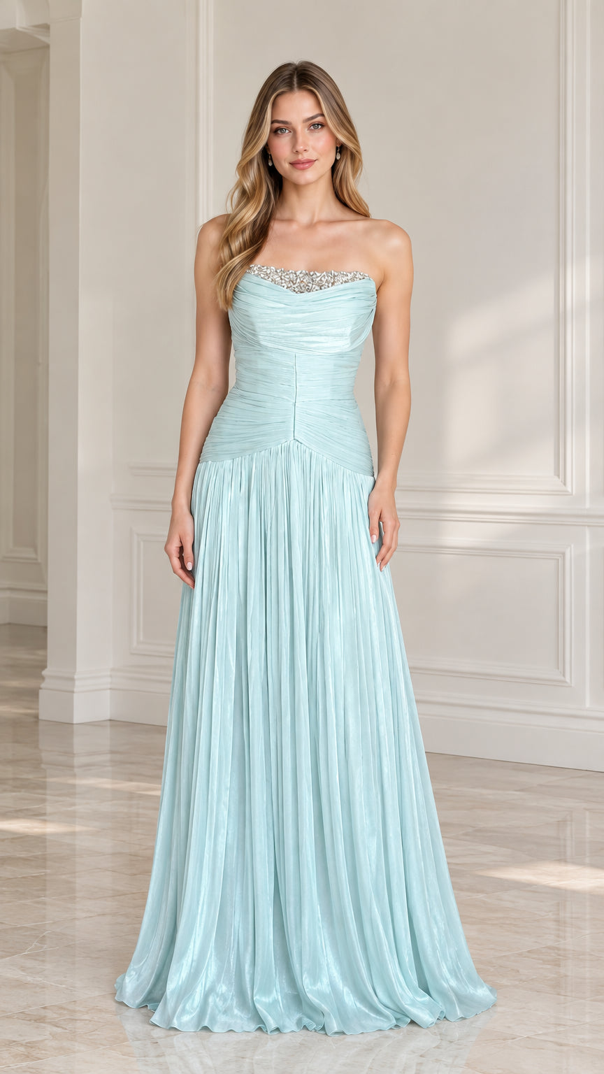 Front full view of light blue strapless pleated evening gown with beaded neckline