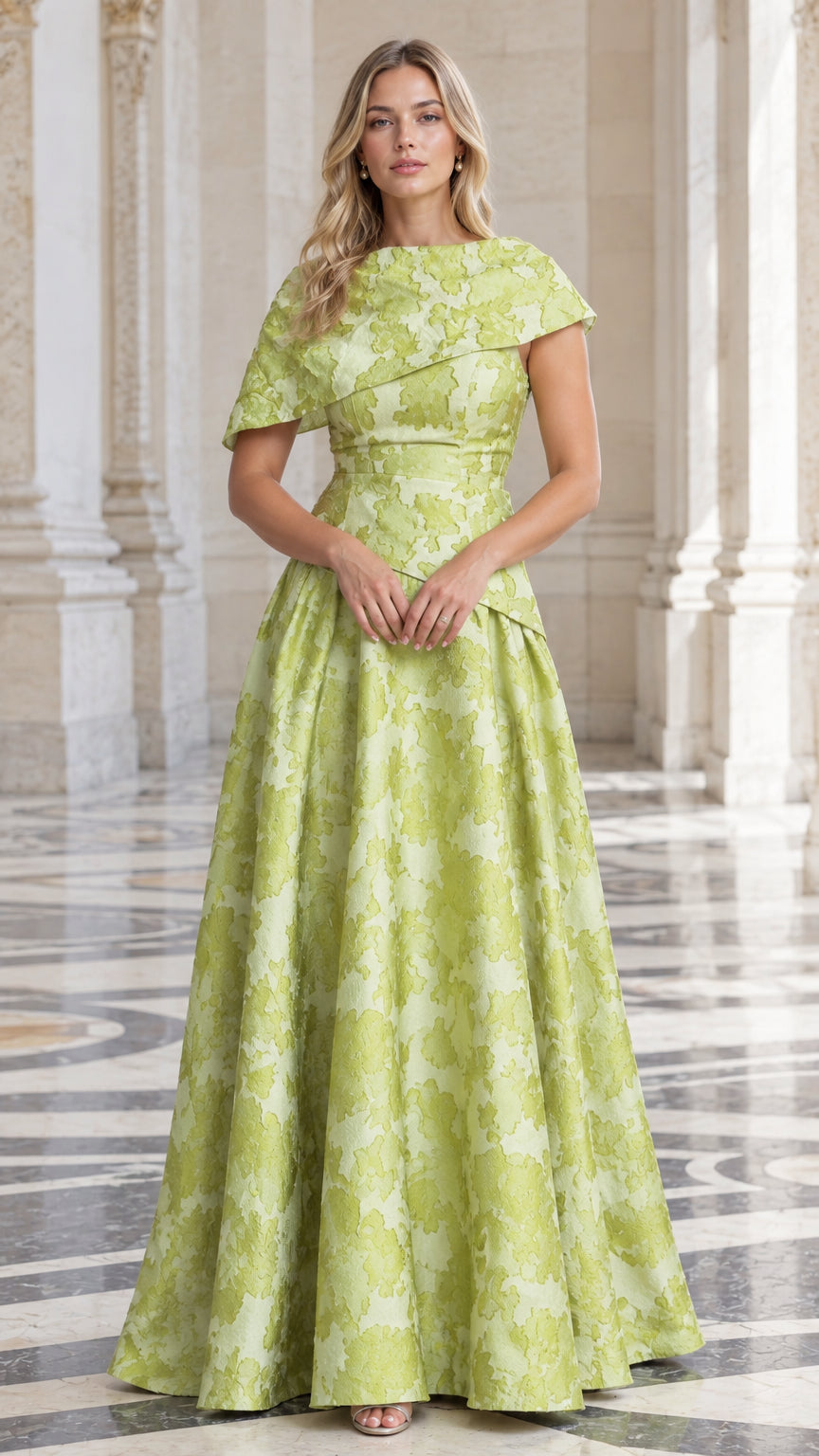 Model wearing Lime Green floral jacquard asymmetric capelet maxi evening gown front view