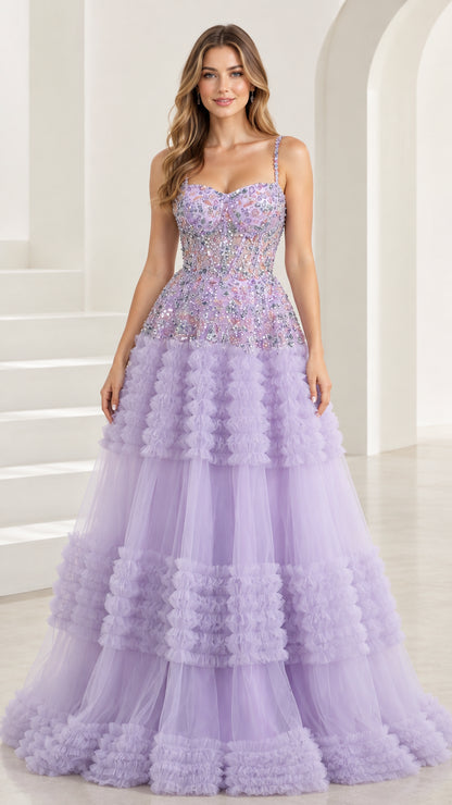 Front view of Lilac embellished corset tiered tulle ball gown