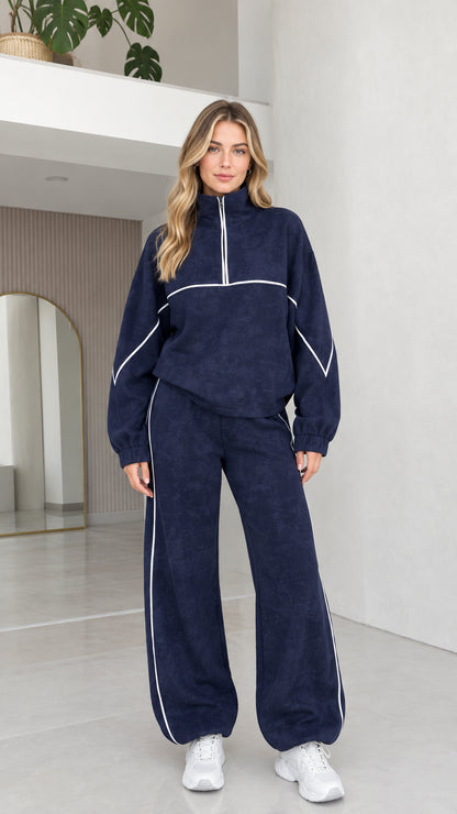 Navy blue women's two-piece fleece tracksuit set front view
