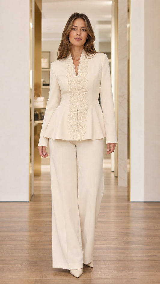 Ivory floral appliqué peplum blazer and wide-leg pantsuit set front view