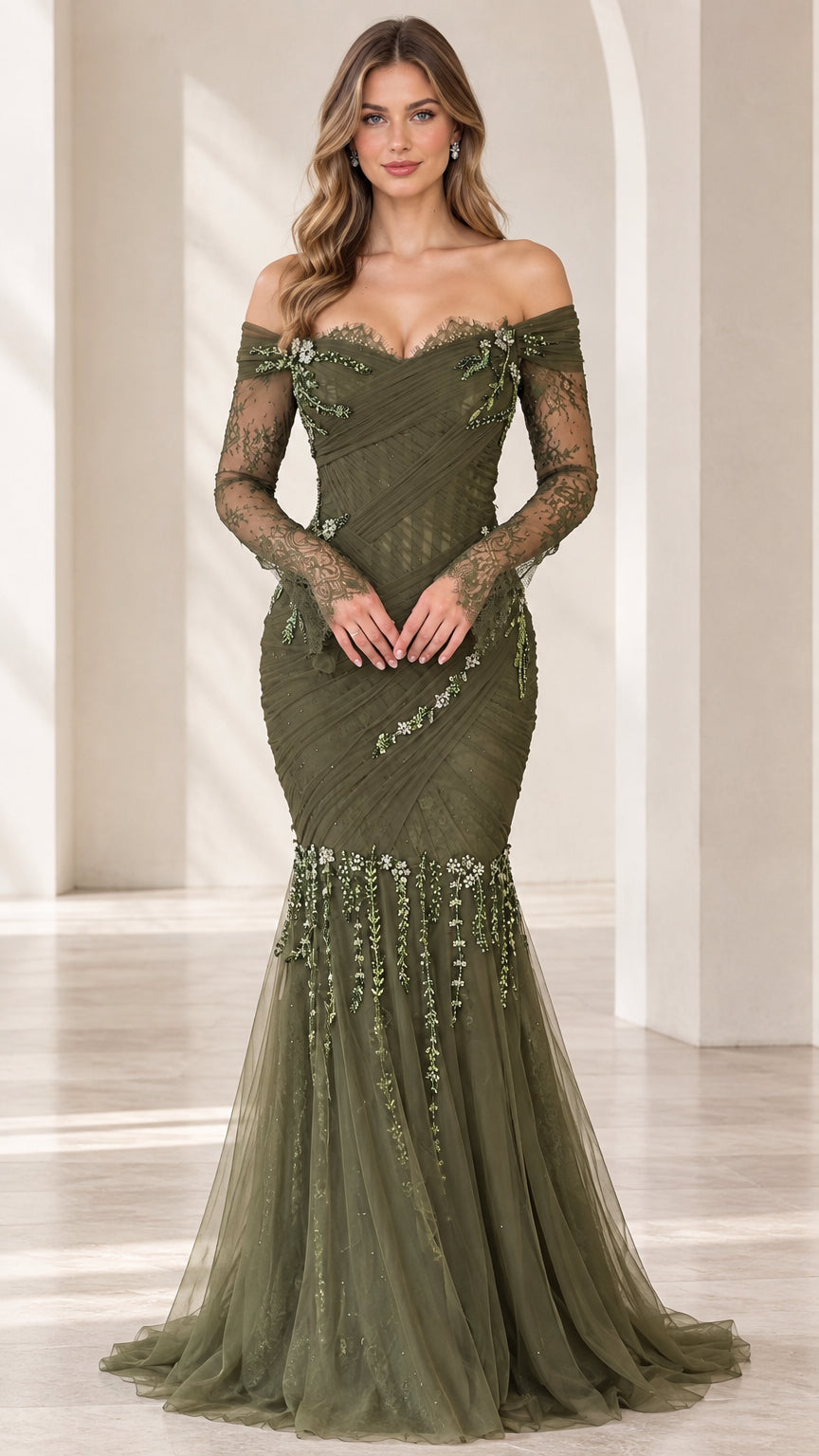 Front view of model wearing off-the-shoulder olive green lace mermaid evening gown