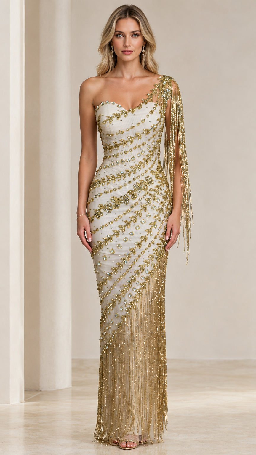 Front full-length view of model wearing Ivory Gold one-shoulder beaded fringe evening gown