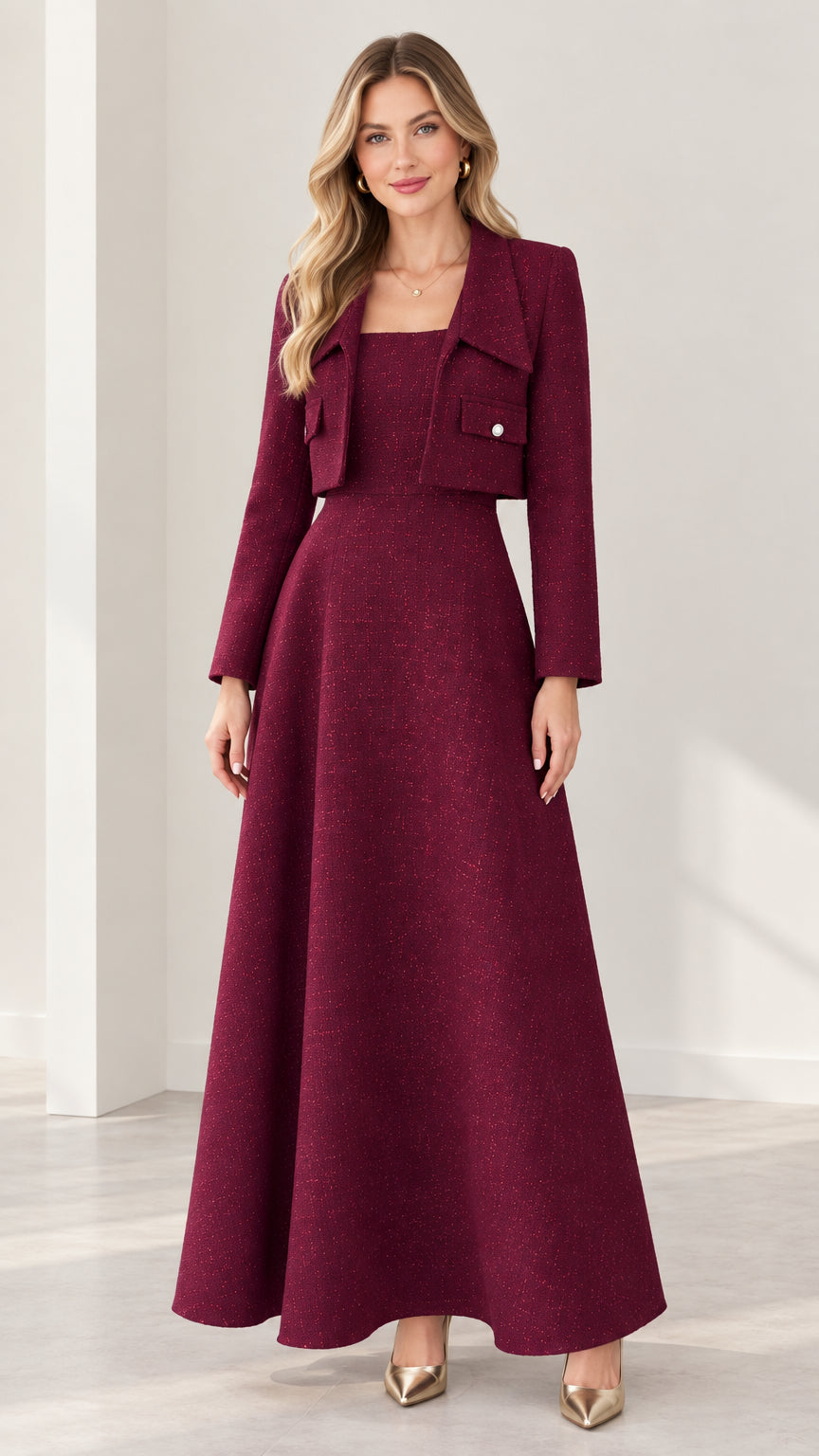 Burgundy tweed two-piece maxi dress set with cropped jacket front view