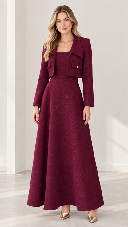Burgundy tweed two-piece maxi dress set with cropped jacket front view