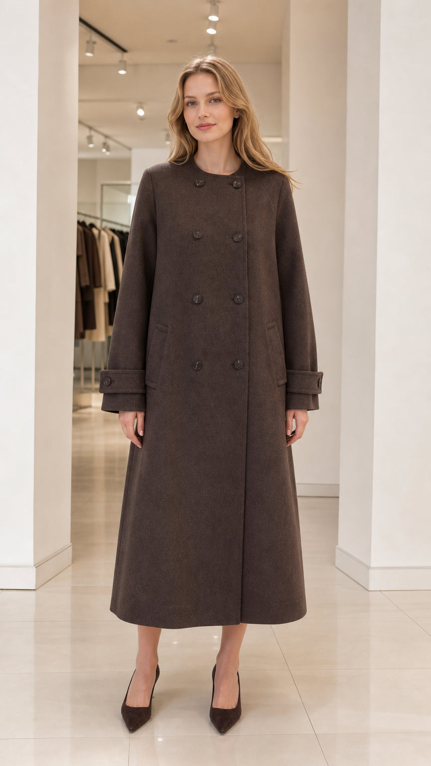 Front full-length view of woman wearing espresso brown collarless double-breasted maxi coat