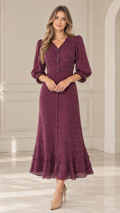 Front view of model wearing Burgundy scalloped V-neck polka dot midi dress with 3/4 puff sleeves