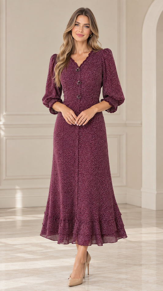 Front view of model wearing Burgundy scalloped V-neck polka dot midi dress with 3/4 puff sleeves