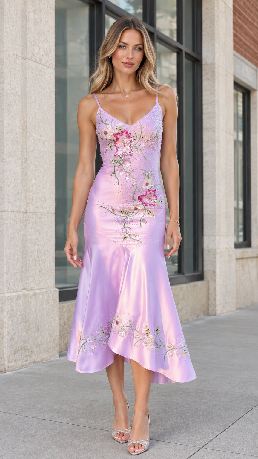 Front view of model wearing lilac floral beaded satin mermaid midi dress