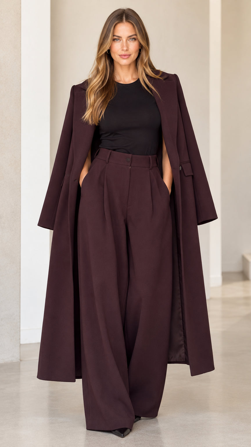 Burgundy two-piece cape coat and pleated wide leg trousers set front view