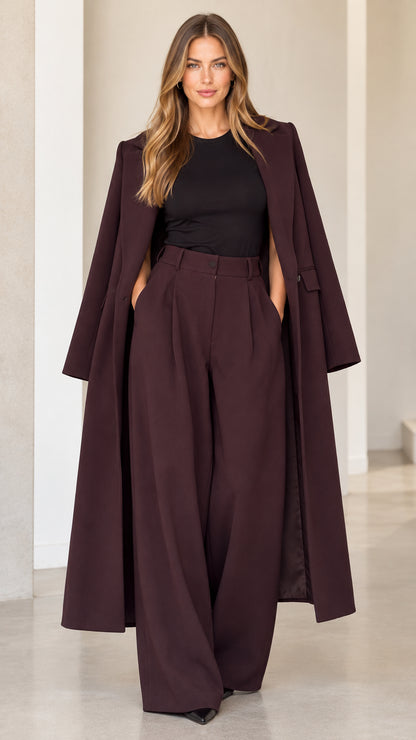 Burgundy two-piece cape coat and pleated wide leg trousers set front view