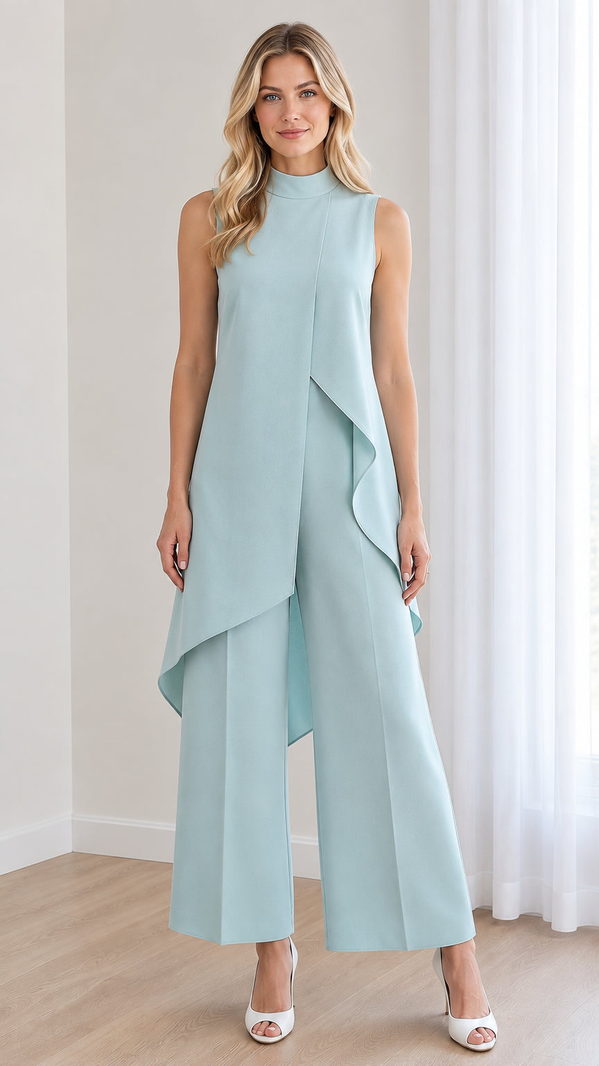 Front view of model wearing a powder blue sleeveless mock neck jumpsuit with asymmetrical overlay