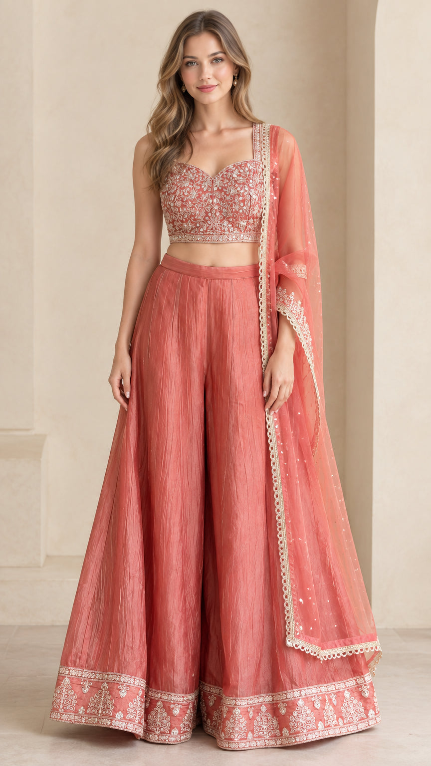 Coral pink embroidered sweetheart crop top and wide leg palazzo set front view