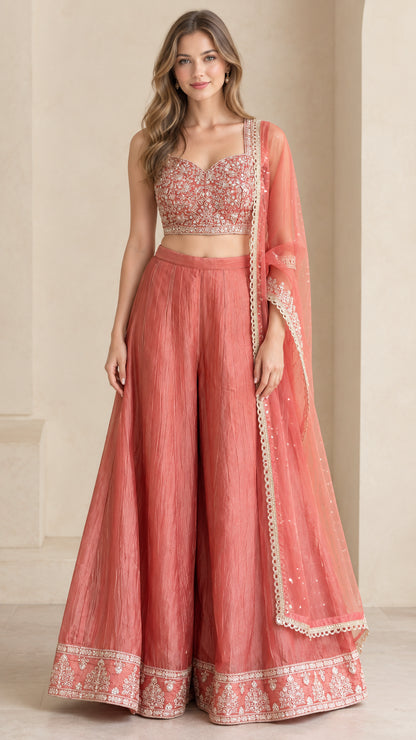 Coral pink embroidered sweetheart crop top and wide leg palazzo set front view