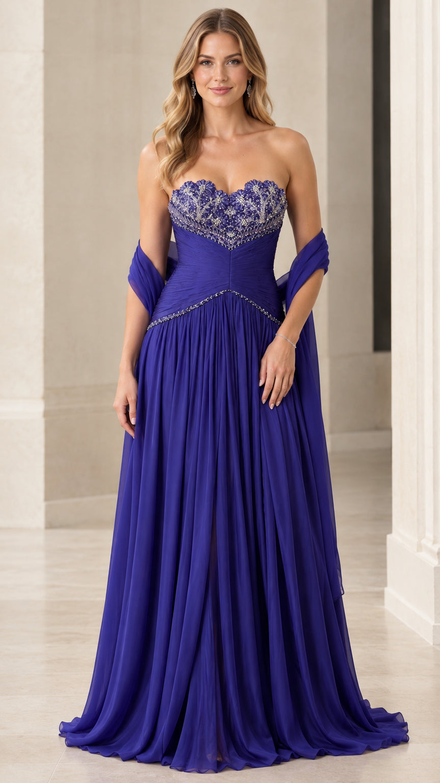 Royal blue strapless chiffon evening gown with beaded sweetheart bodice and matching shawl - front view
