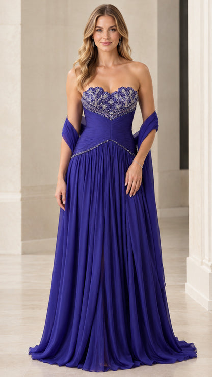 Royal blue strapless chiffon evening gown with beaded sweetheart bodice and matching shawl - front view