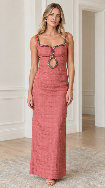 Dusty rose textured column maxi dress with beaded keyhole cutout front view
