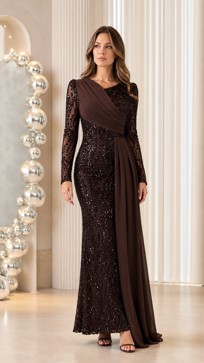 Front full-length view of woman wearing chocolate brown sequined long sleeve evening gown with side drape