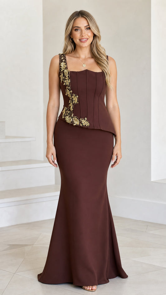 Front view of model wearing Chocolate Brown beaded corset mermaid formal gown