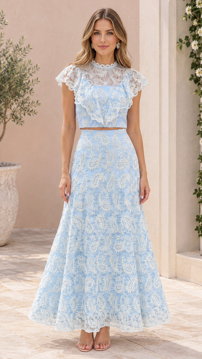 Light blue two-piece lace crop top and maxi skirt set front view