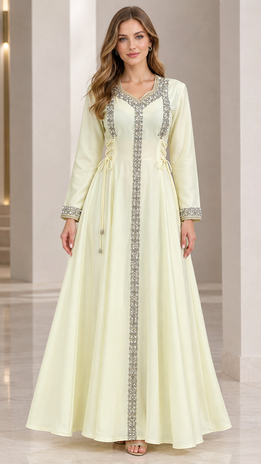 Front full view of woman wearing pale yellow embellished long sleeve maxi kaftan dress