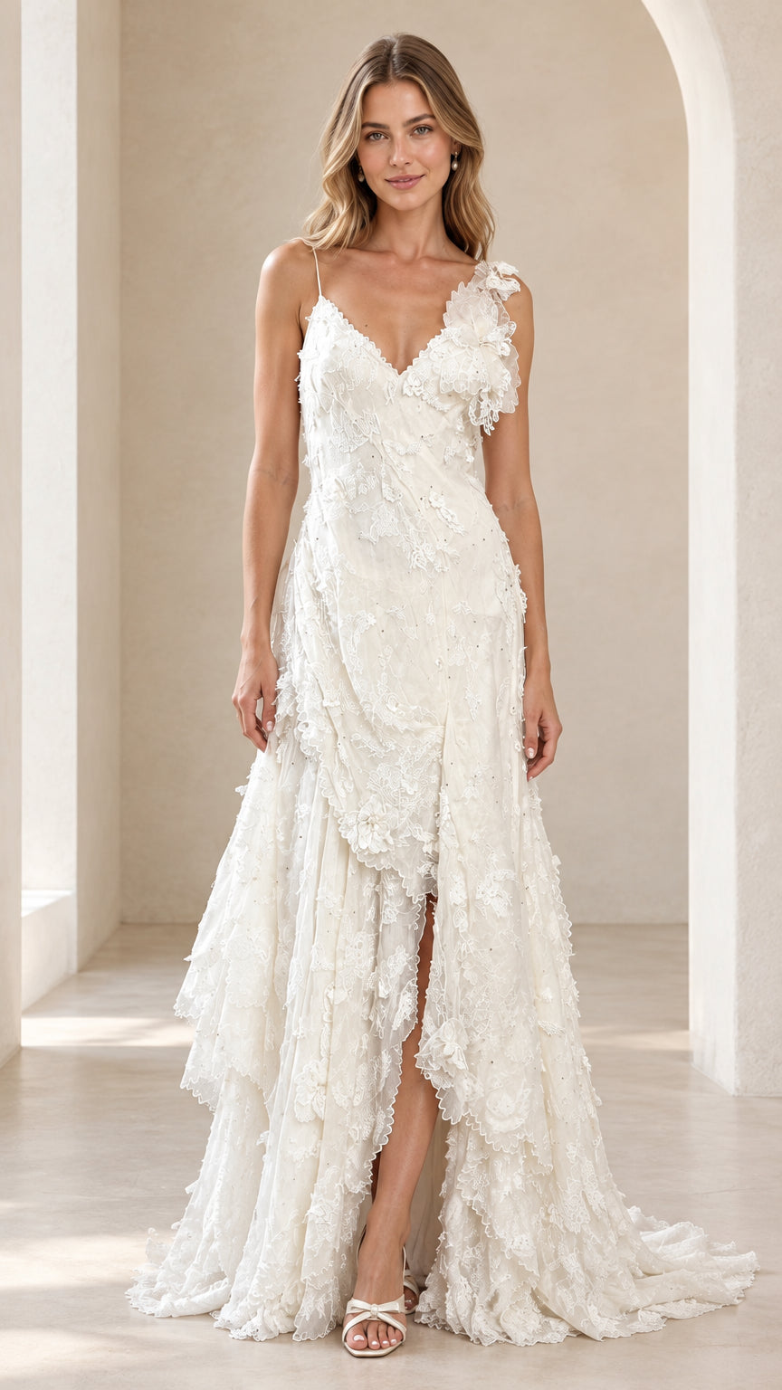 Full front view of model wearing the ivory 3D floral tiered lace maxi dress with side slit