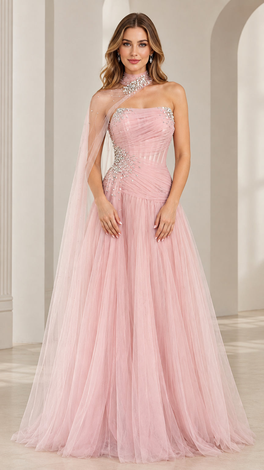 Full front view of blush pink beaded tulle evening gown with asymmetrical high-neck cape
