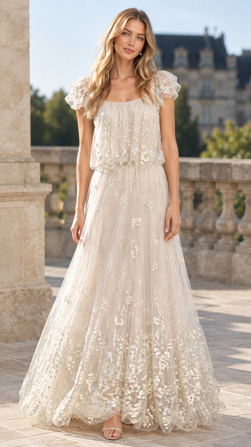 Front view of champagne sequin embellished tulle maxi gown with flutter sleeves