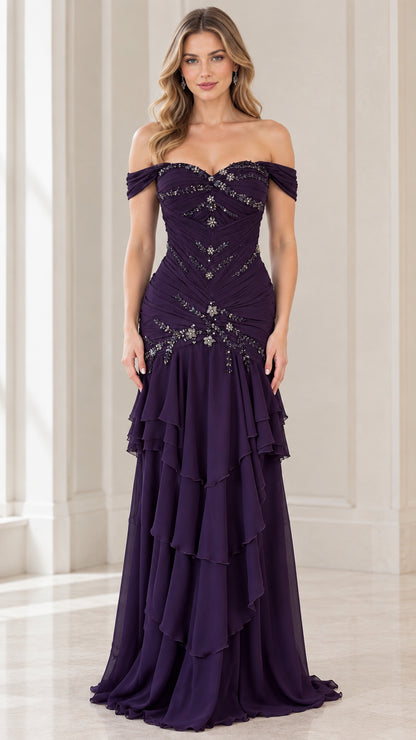Front view of model wearing plum off-the-shoulder beaded ruched evening gown